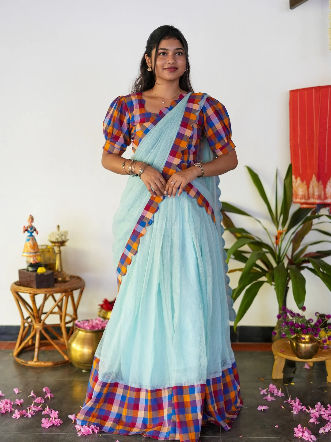 Vaanam - Sky Blue Kota Checks Half Saree