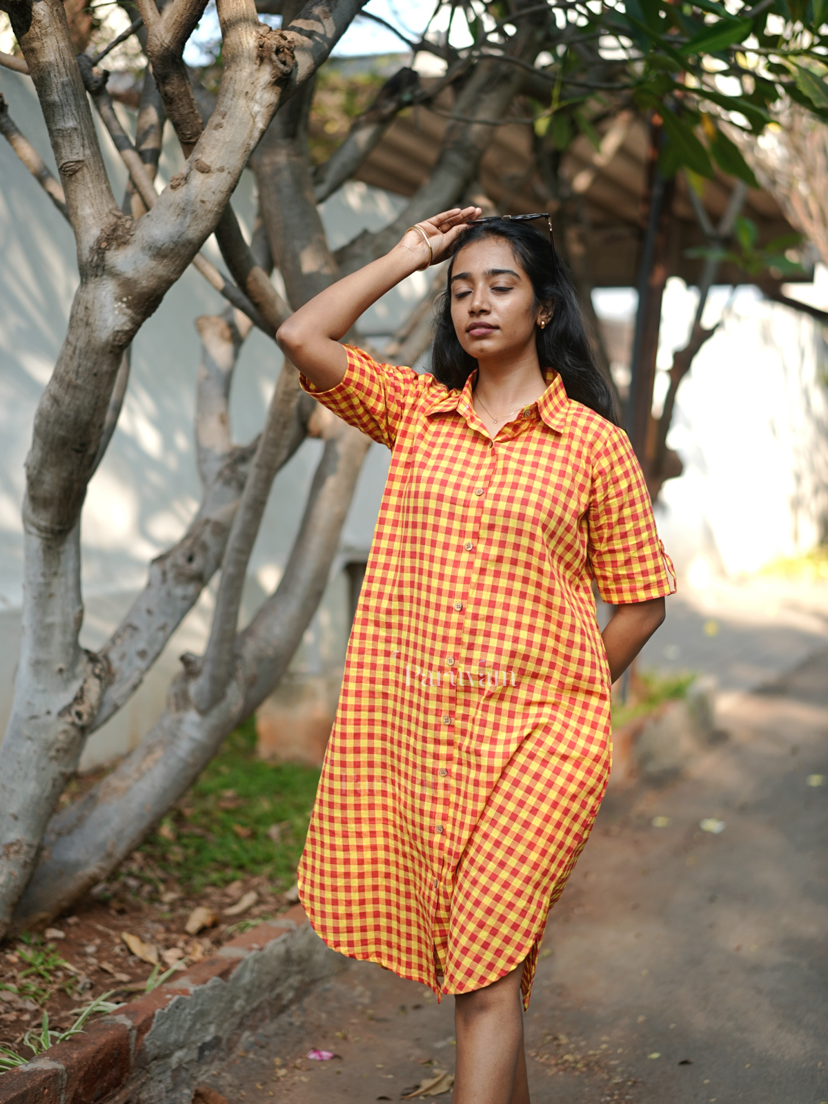 Red checked shirt dress