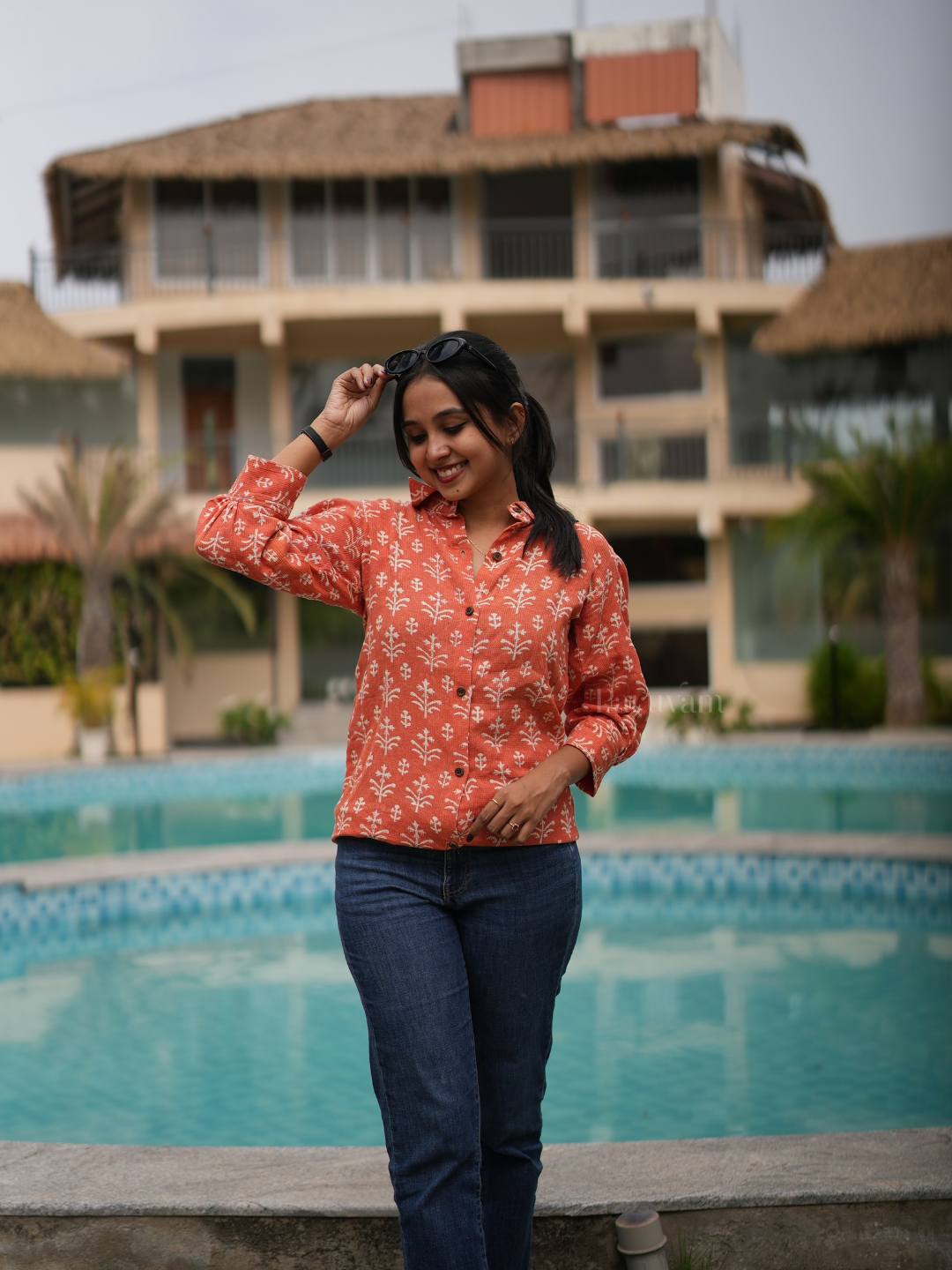 Orange textured cotton shirt