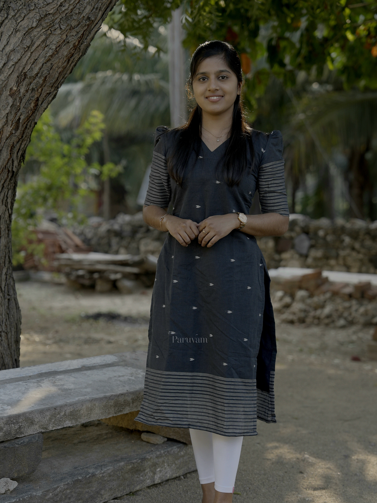 Grey Cotton Kurti With Woven Borders