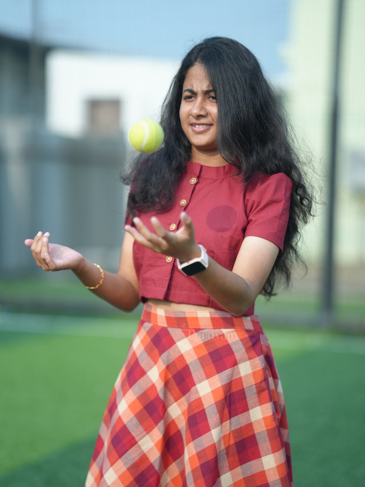 Red checkered midi skirt & plain top
