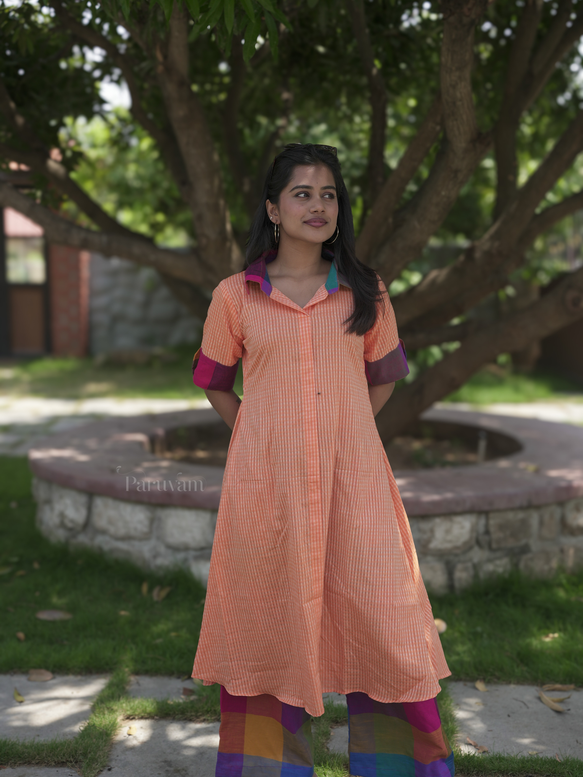 Orange Mini and Madras Checks Cotton Kurta Set