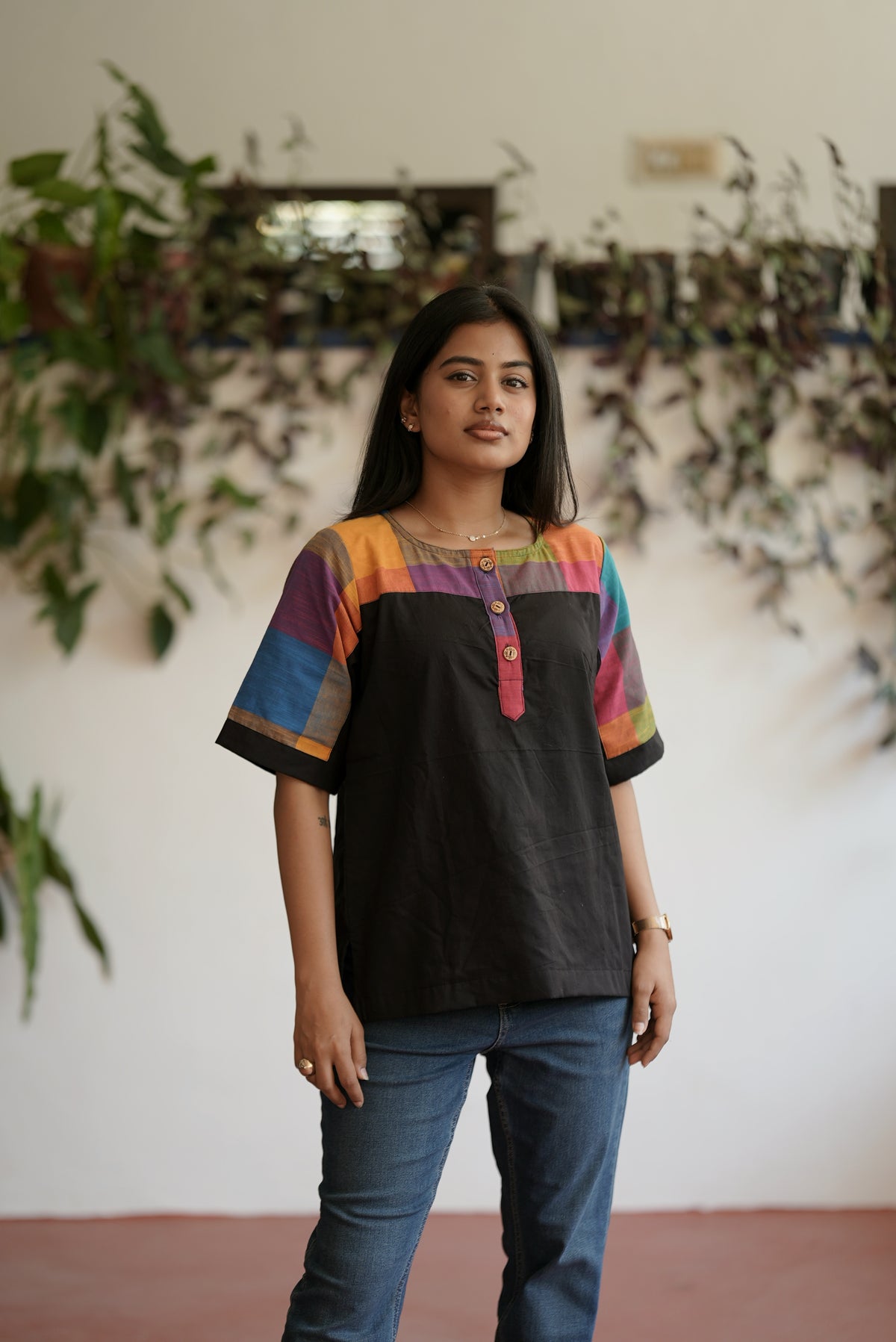 Black with Madras checks short top