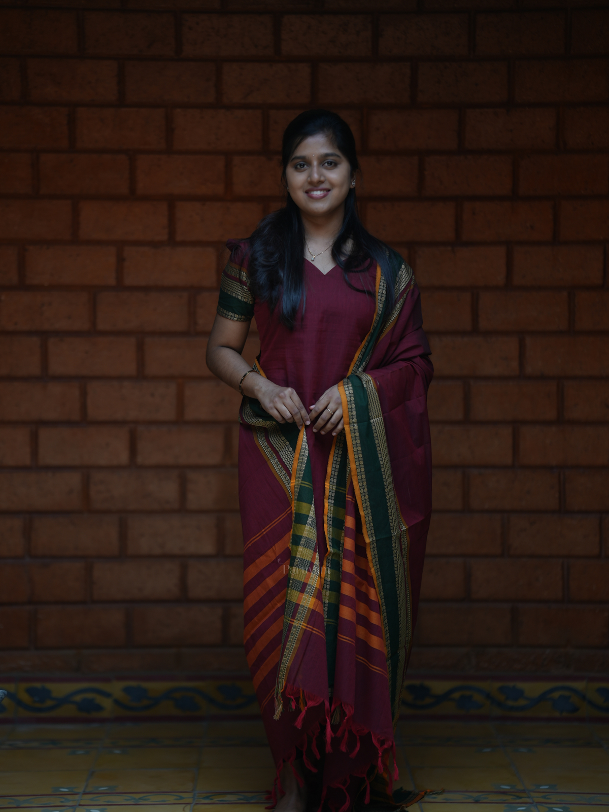 Maroon chettinad cotton top & shawl set