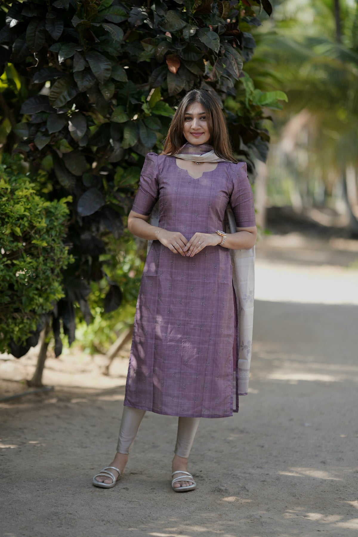 Burnt Lavendar Tussar Silk Cotton Top & Shawl