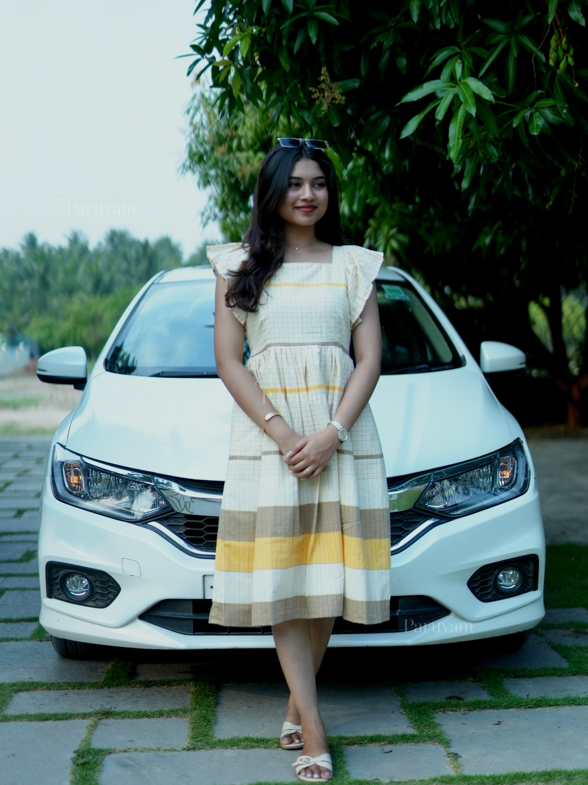 White checks handloom cotton maxi dress