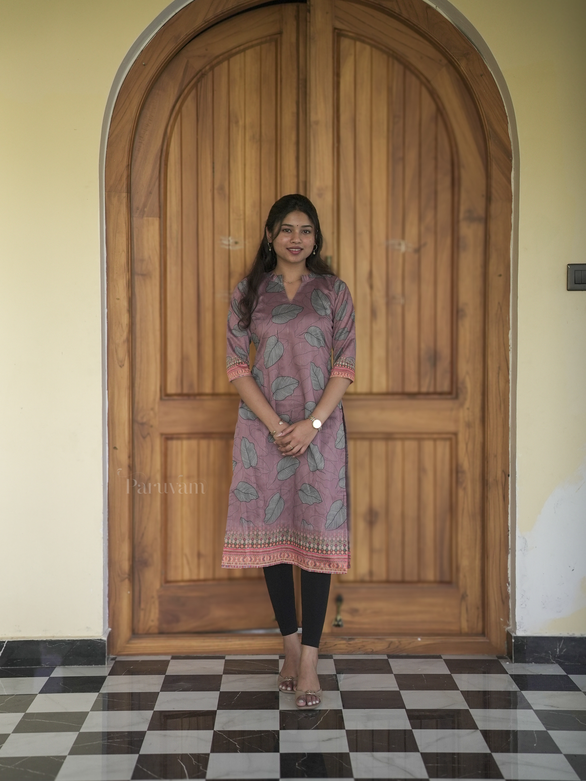 Leaf Printed Mauve Chanderi Cotton Kurti _ Ready to Ship