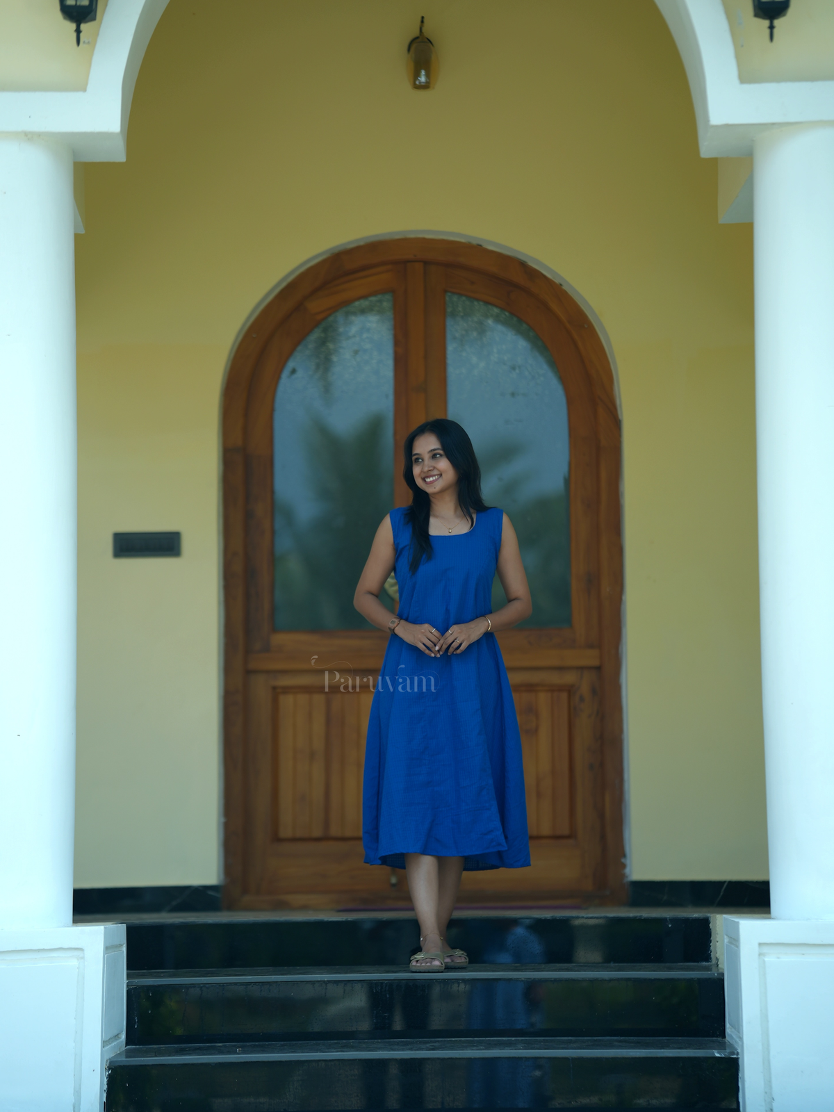 Pepsi blue mini checks A line dress