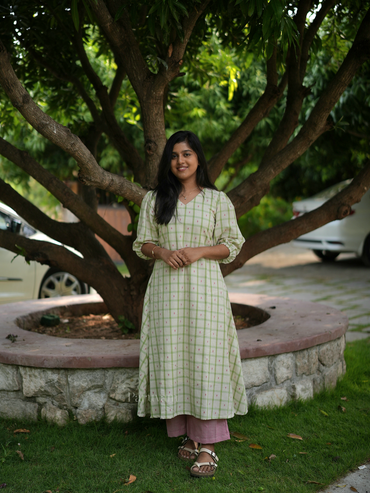 Cream Green Checks Cotton Kurta Set