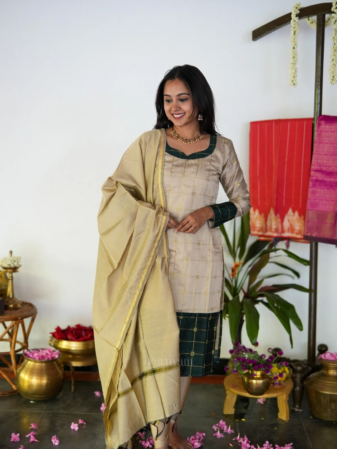 Paarijatham - Beige & Emerald Green Kurti Set