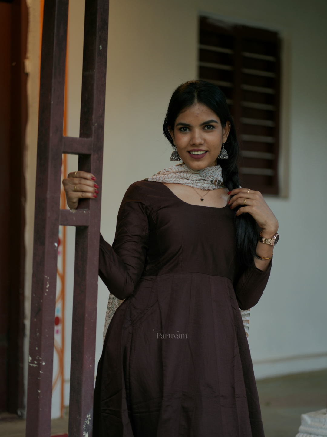 Brown Anarkali with Shawl