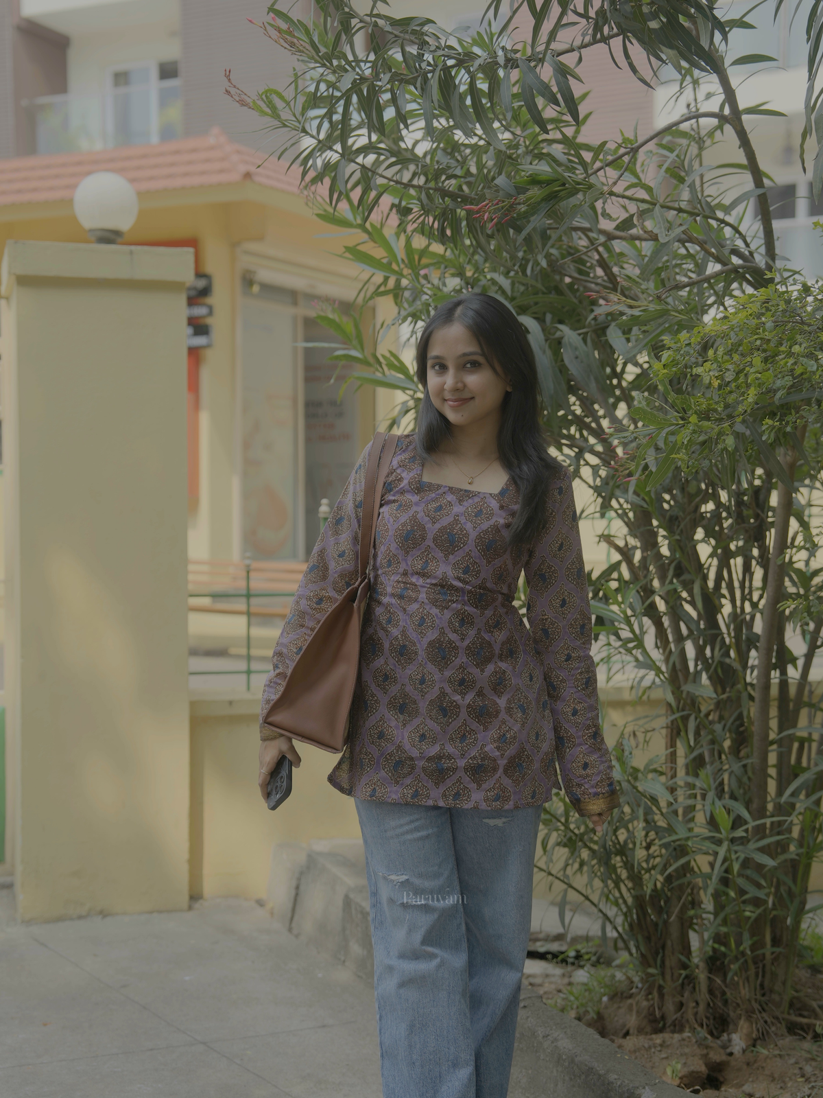 Violet kalamkari printed short kurti