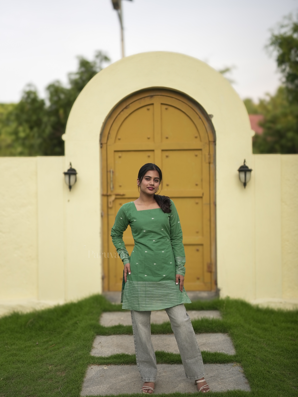 Green Handloom Cotton Short Kurti