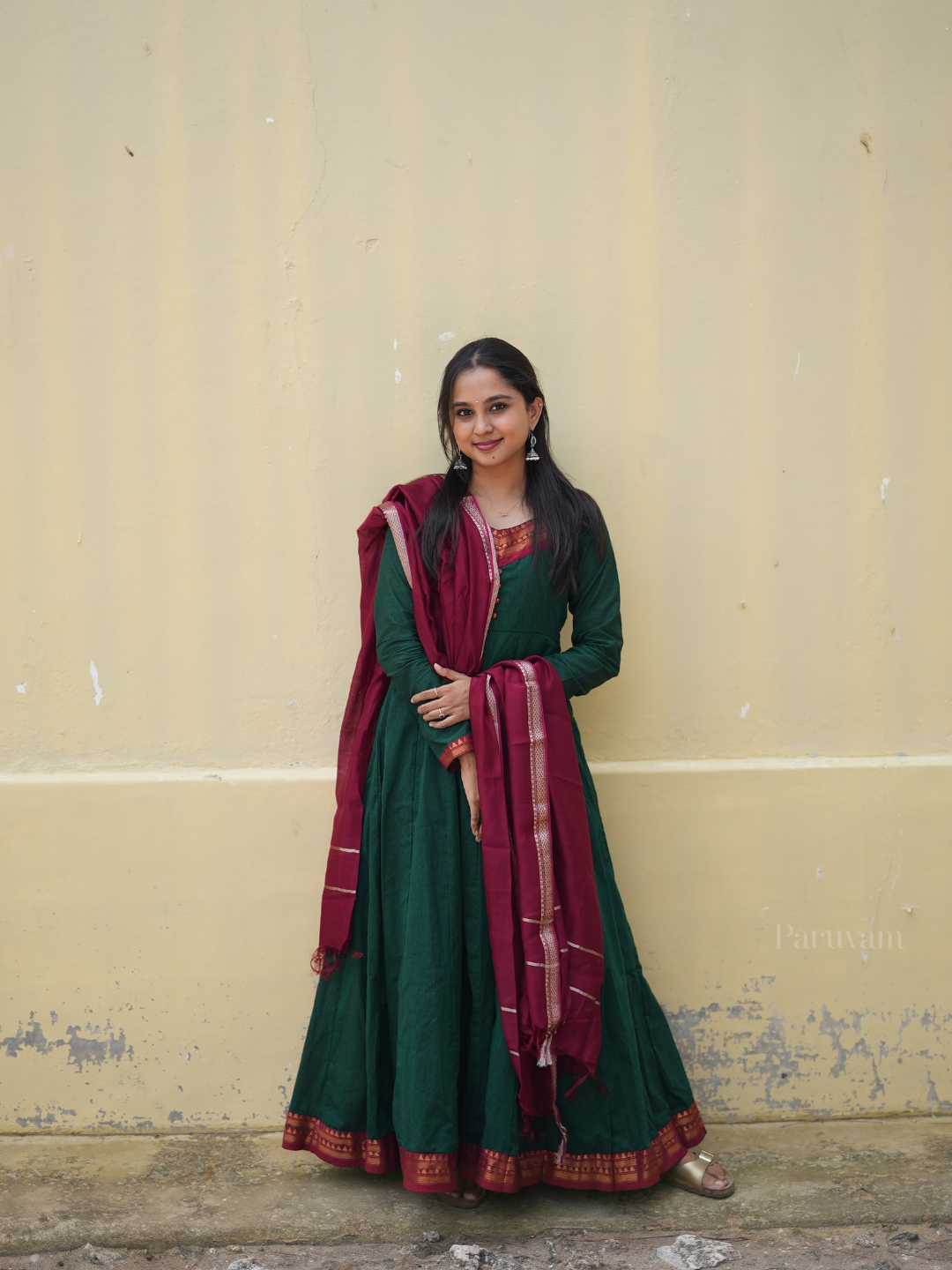 Bottle green with zari border anarkali
