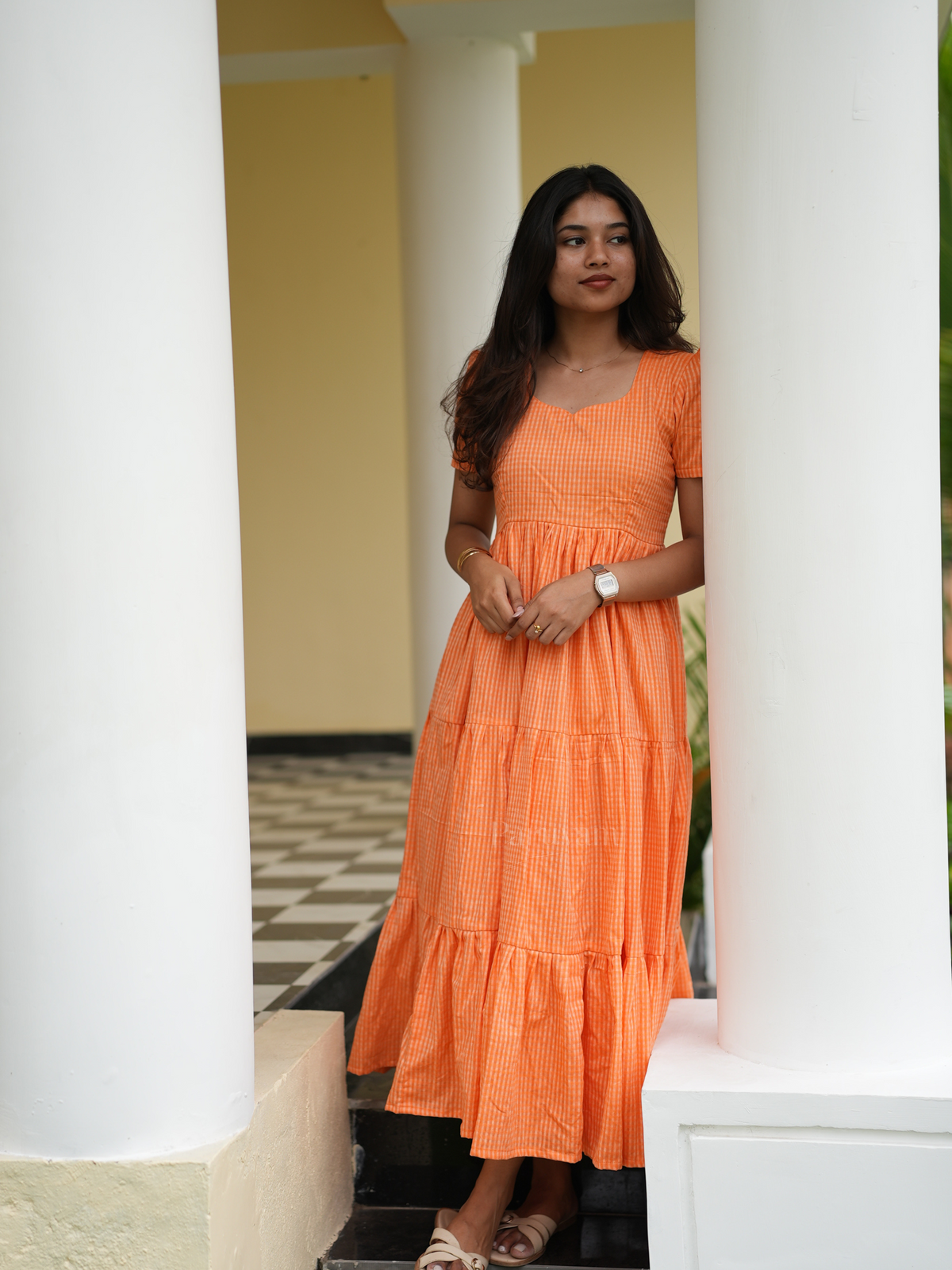 Orange & White Mini Checks Tiered Maxi Dress