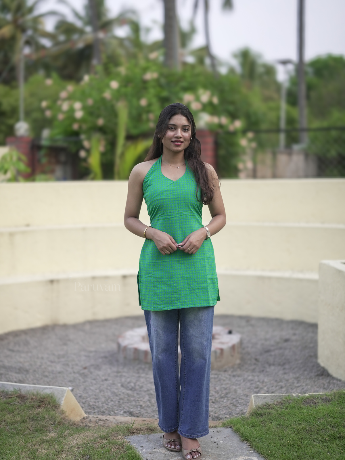 Green Checked Halter Neck Short Kurti