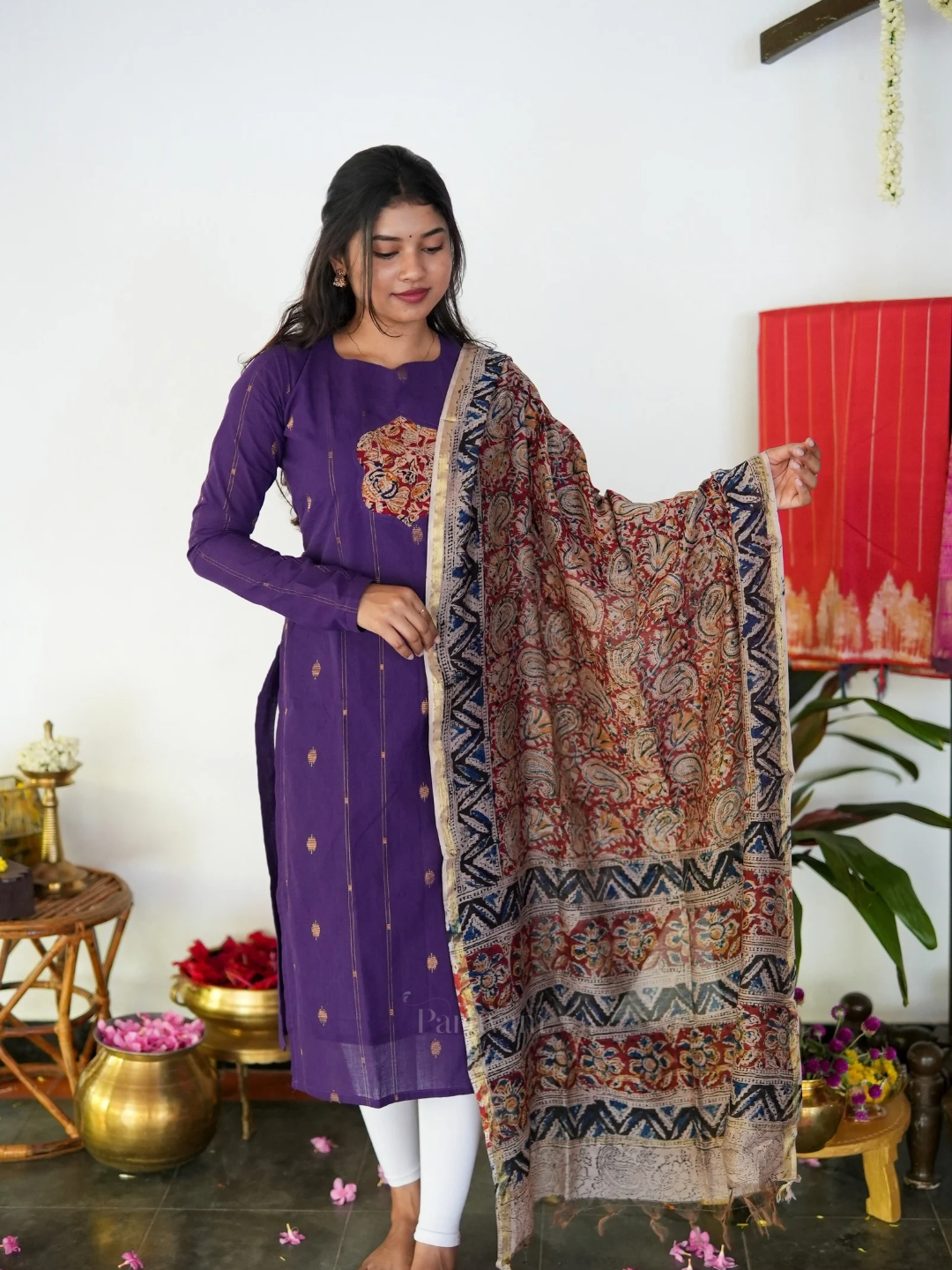 Oodha Poo - Violet & Kalmkari Cotton Kurti Set