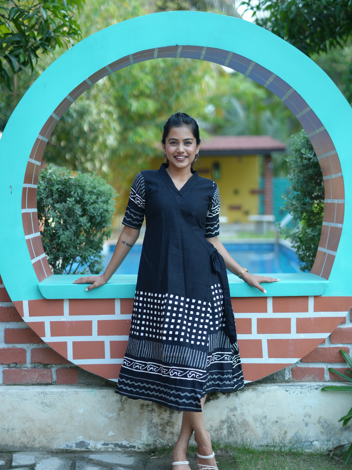 Black linen cotton wrap dress