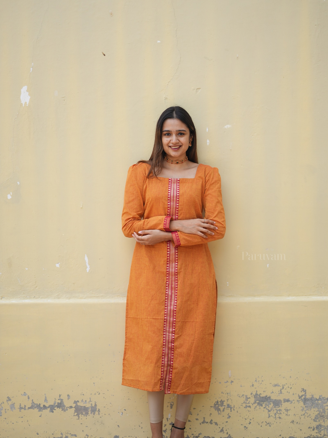 Orange with Red Zari borders cotton Kurti