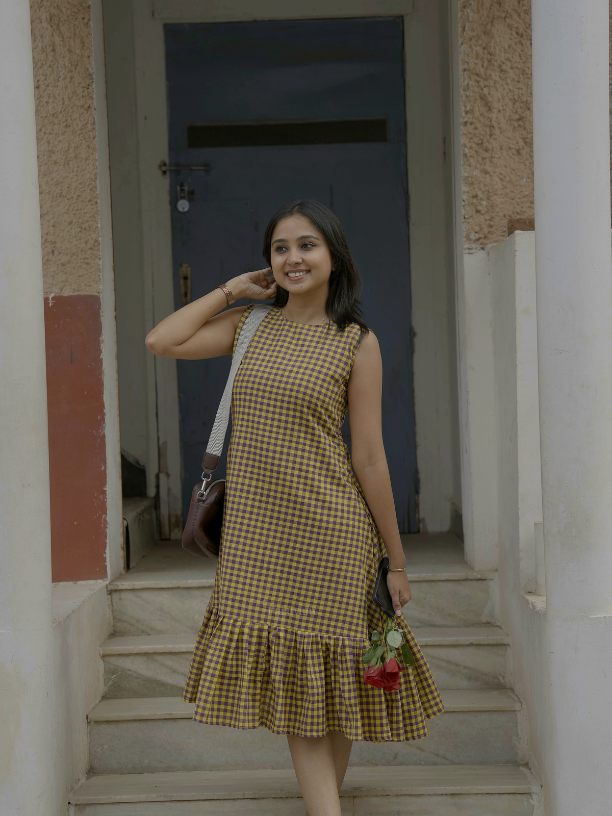 A line sleeveless handloom yellow checks dress