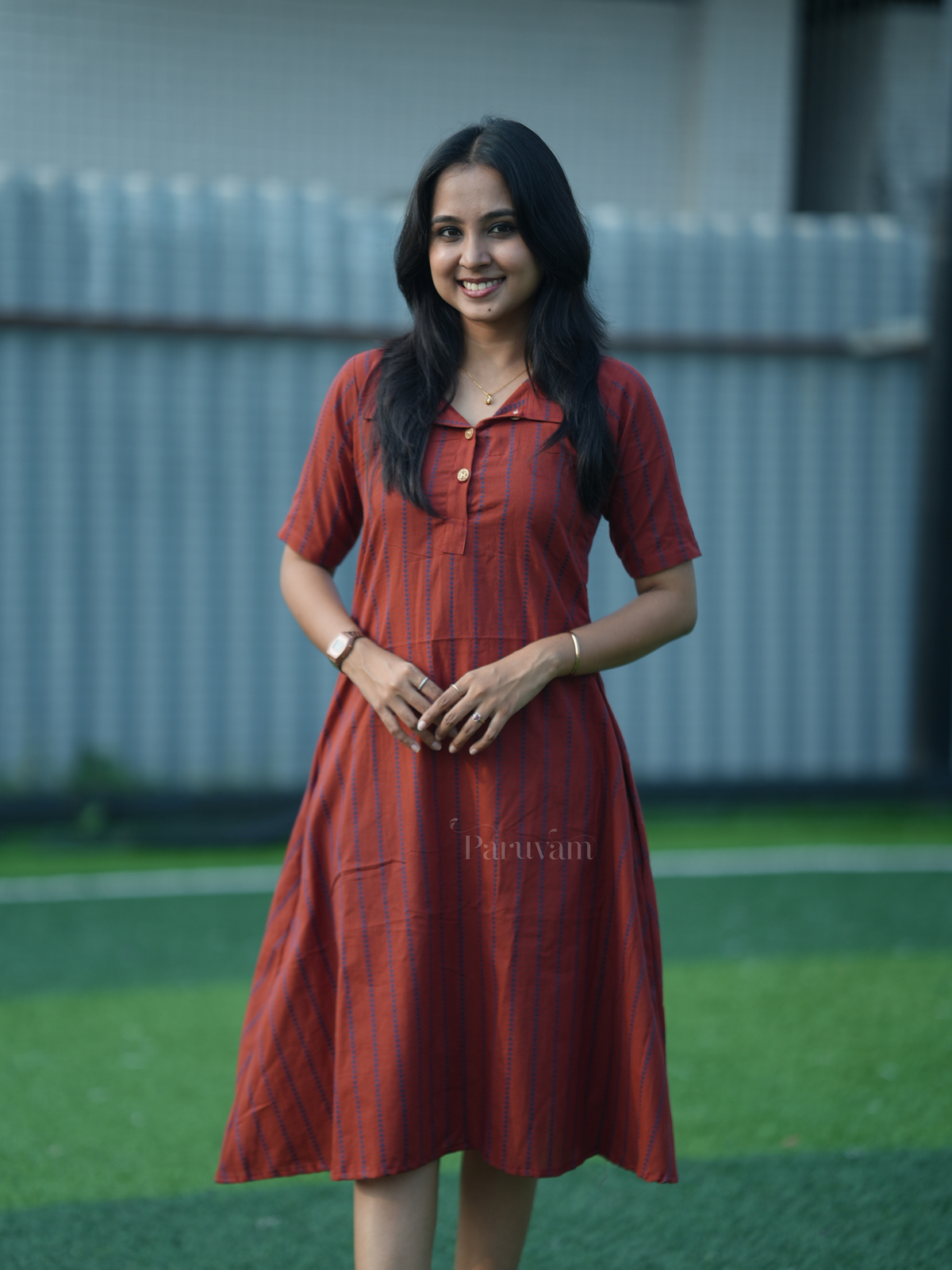 Maroon with blue striped breezy shirt dress