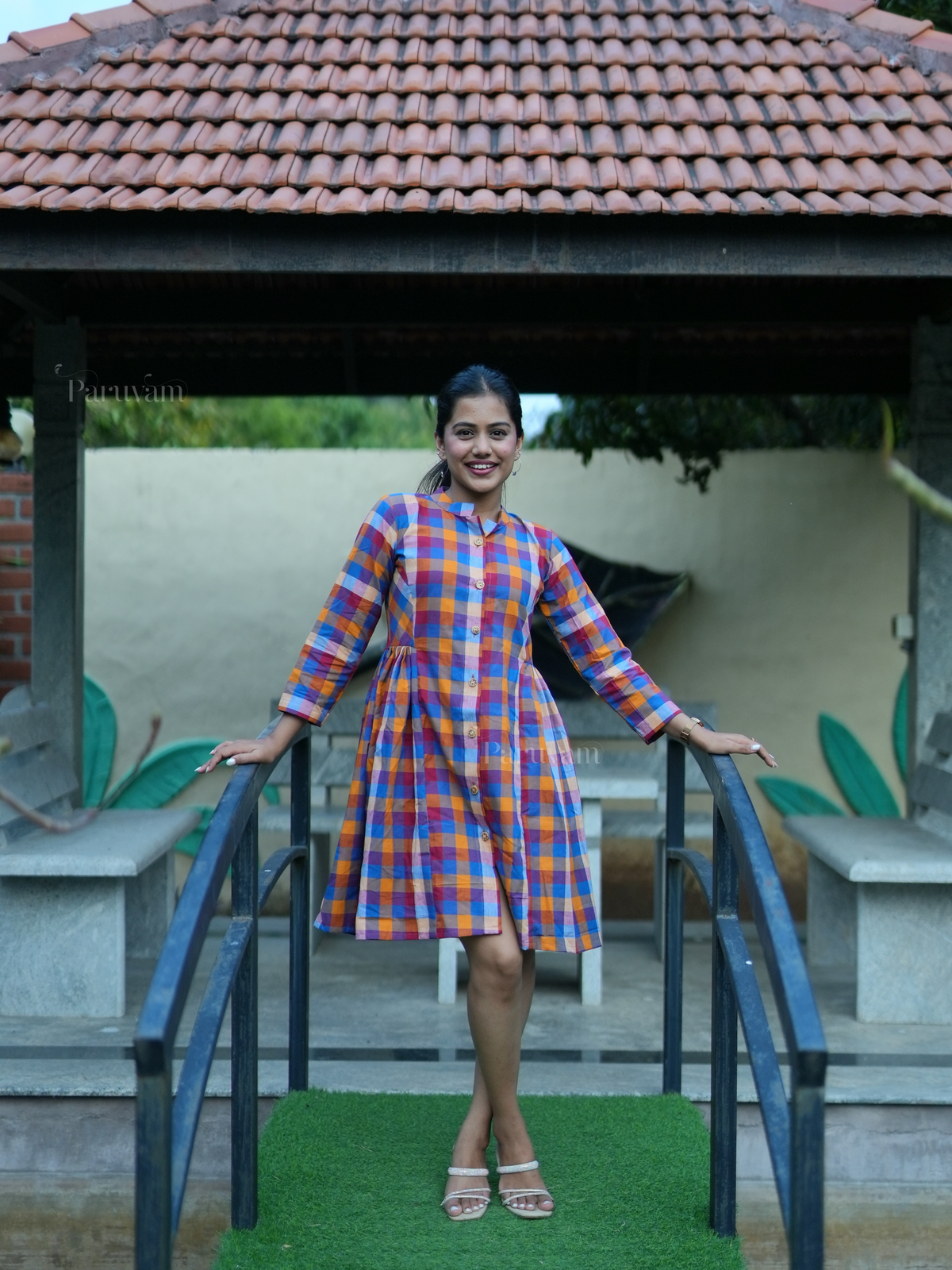 Multi-color madras checks handloom short dress