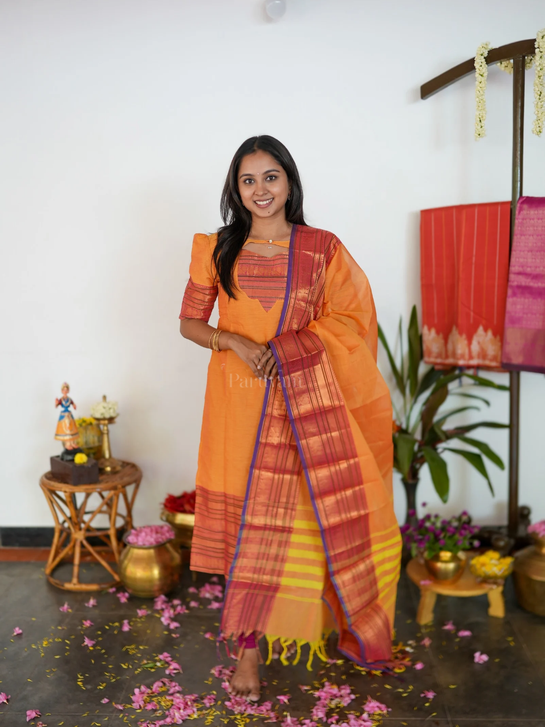 Kanakambaram - Orange & Violet Cotton Kurti Set