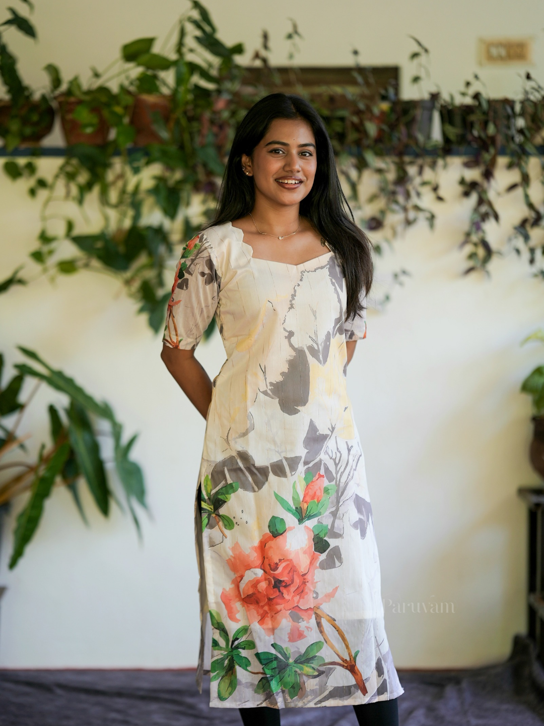 White with lemon yellow abstract printed chanderi cotton kurti