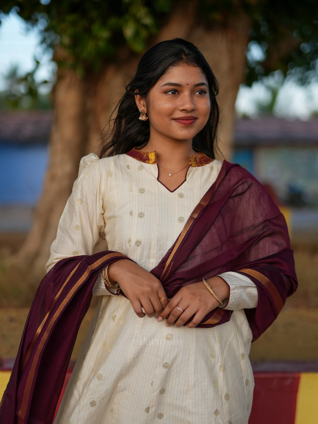 Mullai - Ivory & Maroon Anarkali