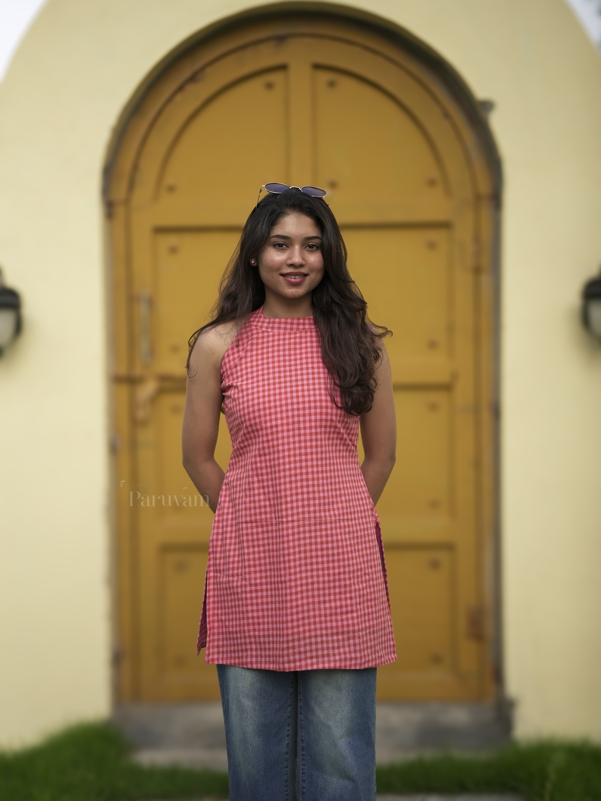 Pink Checks Halter Neck Short Kurti