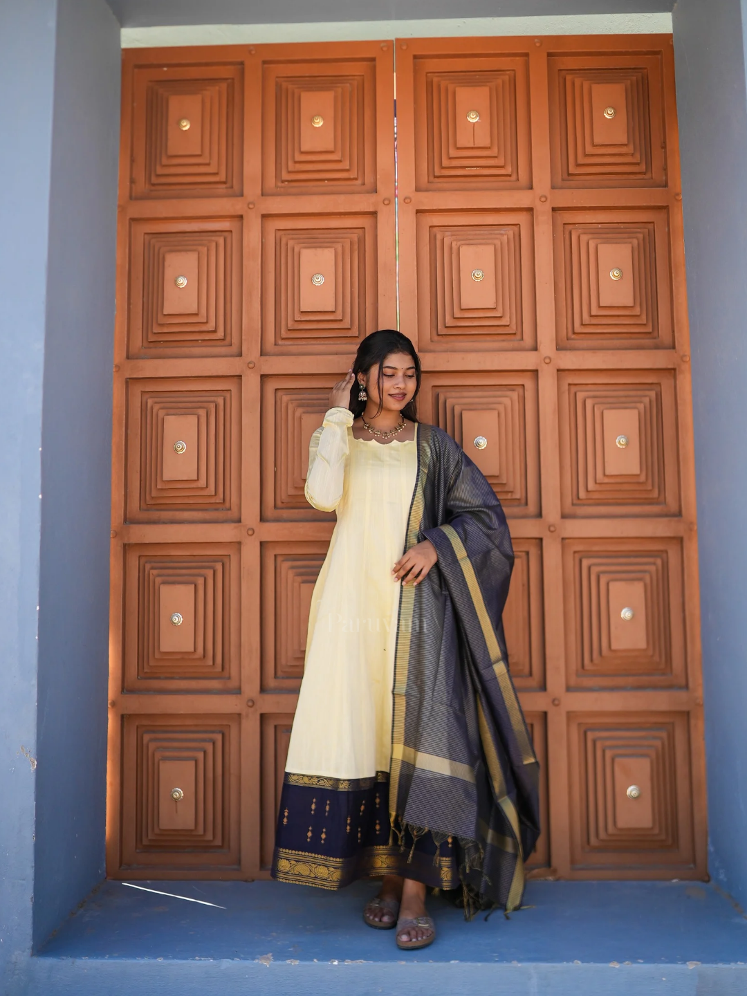Vennila - Butter Yellow & Navy Blue Anarkali