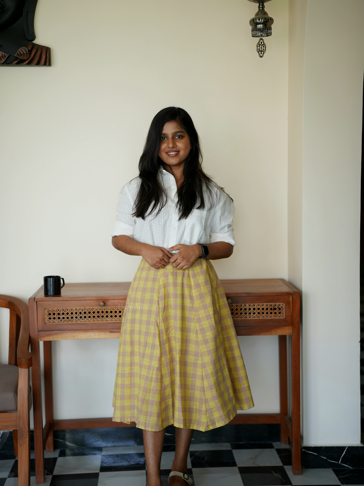 White Shirt & Grey yellow Checked Skirt Set