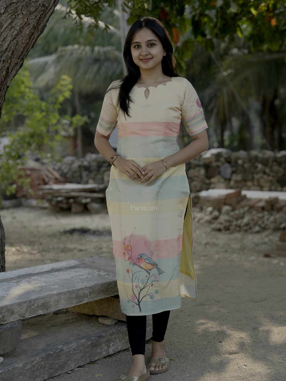 Pastel Shimmer Tissue Kurti with Bird Motif - ready to Ship