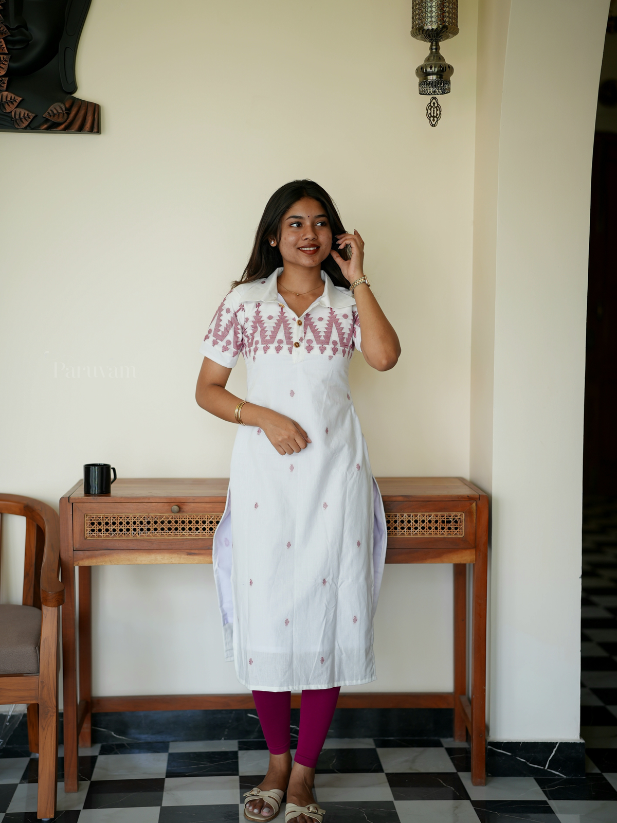 White & Red borders Jamdani Cotton Kurti