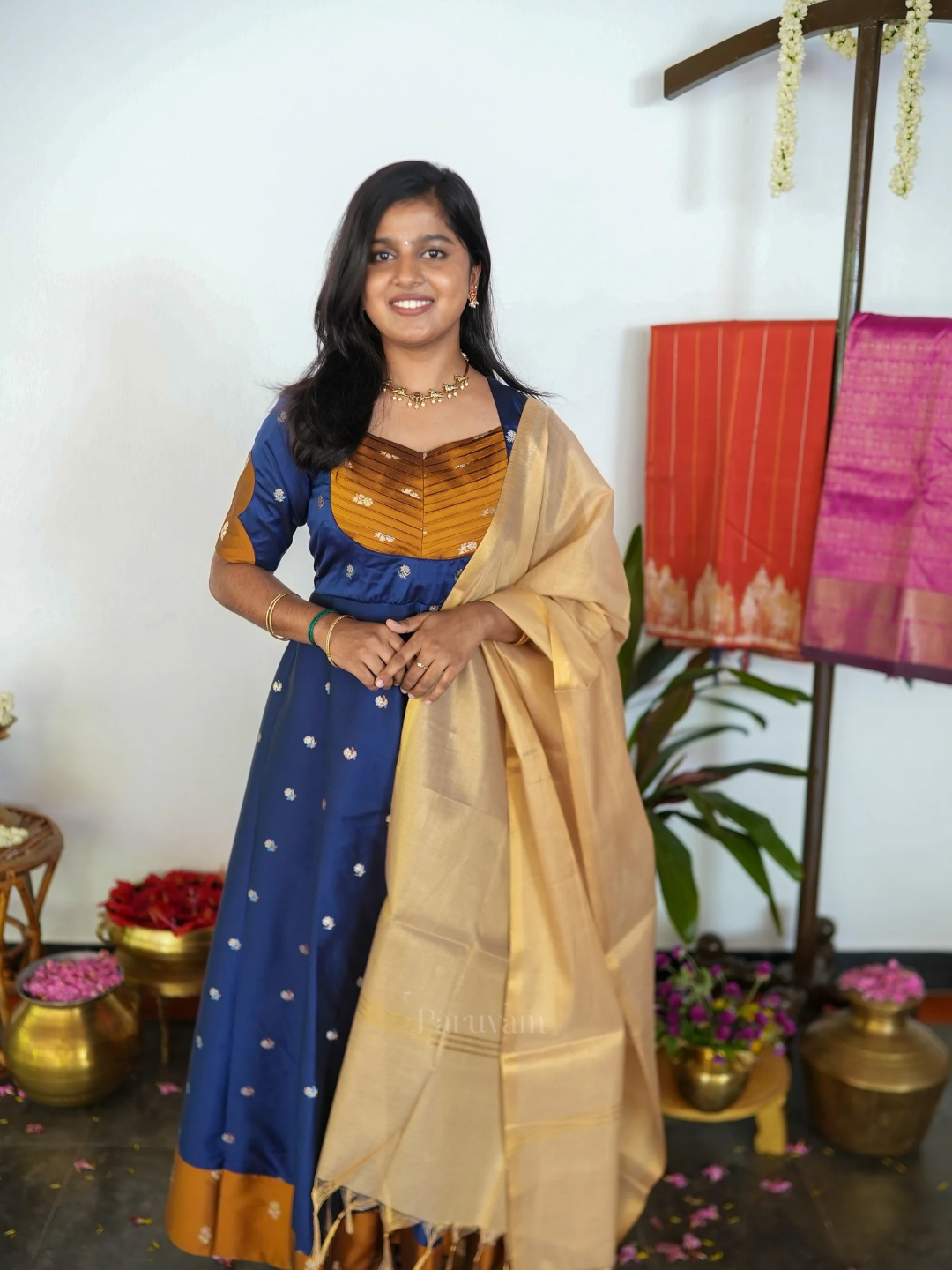 Karuneelam - Blue & Golden Brown Silk Anarkali