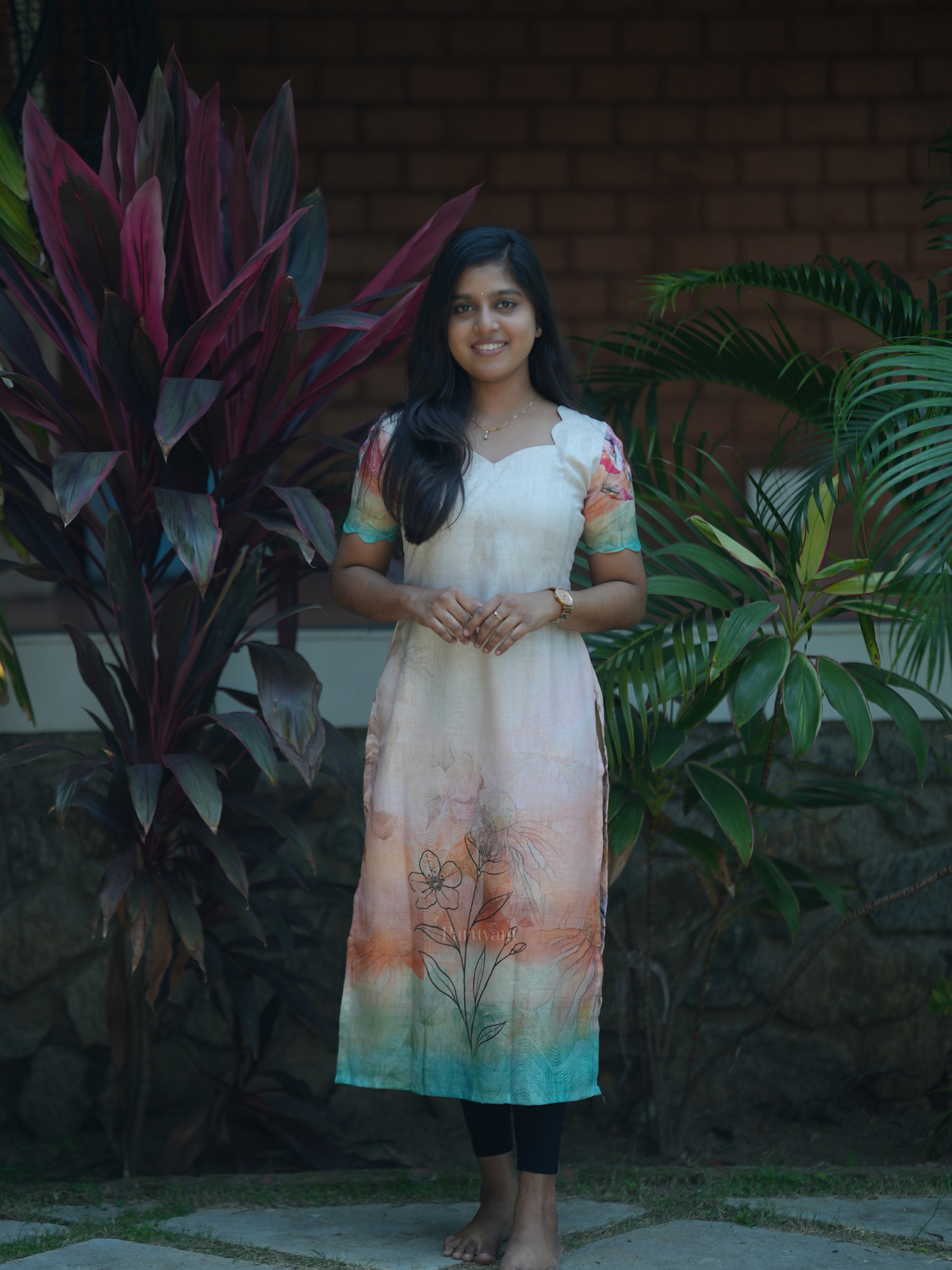 Hand drawn floral dreams ombre cream linen cotton kurti