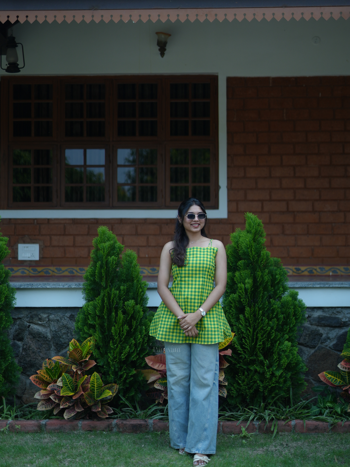 Green & yellow checks handloom cotton short top