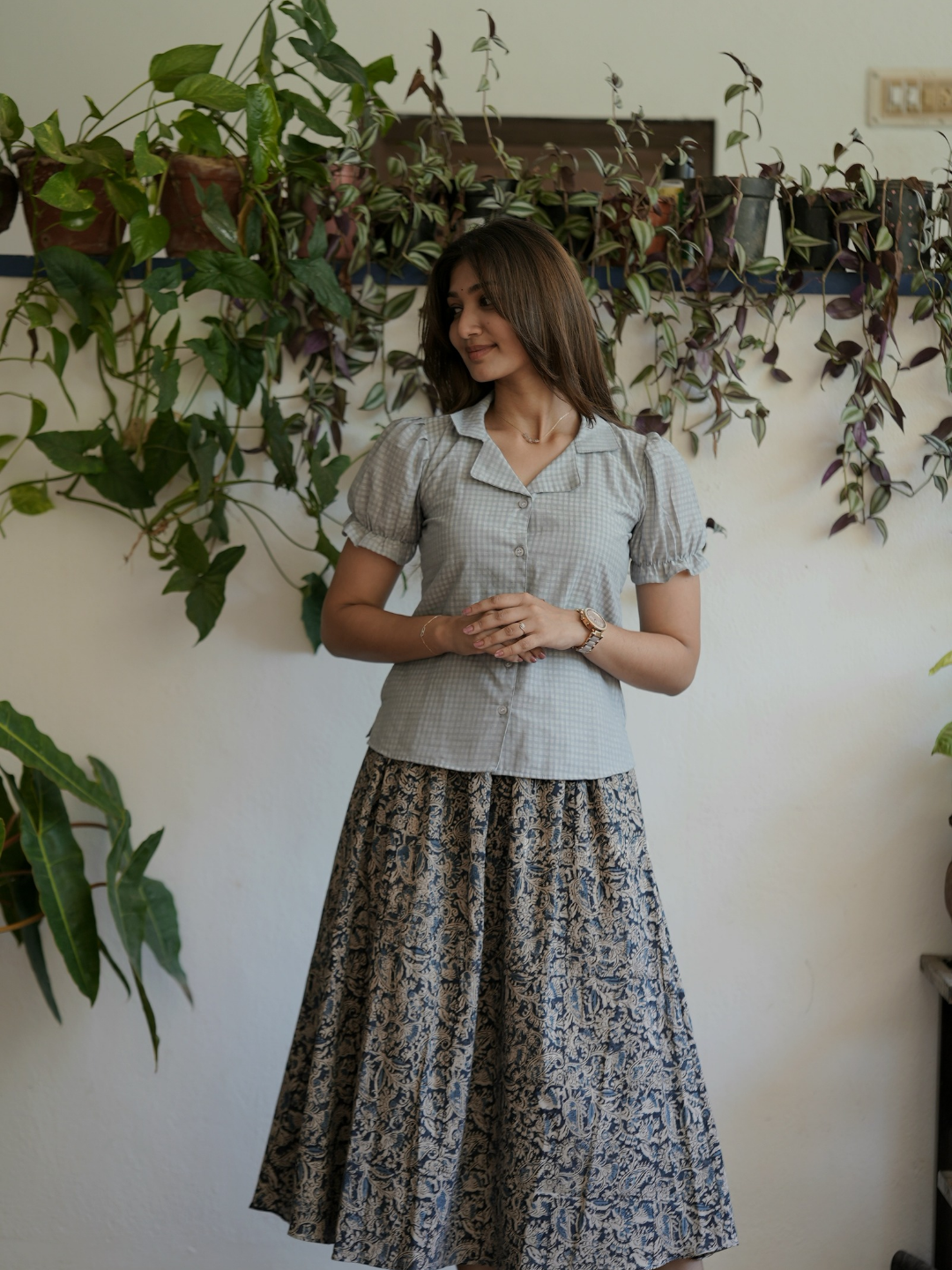 Kalamkari skirt plus grey checks top