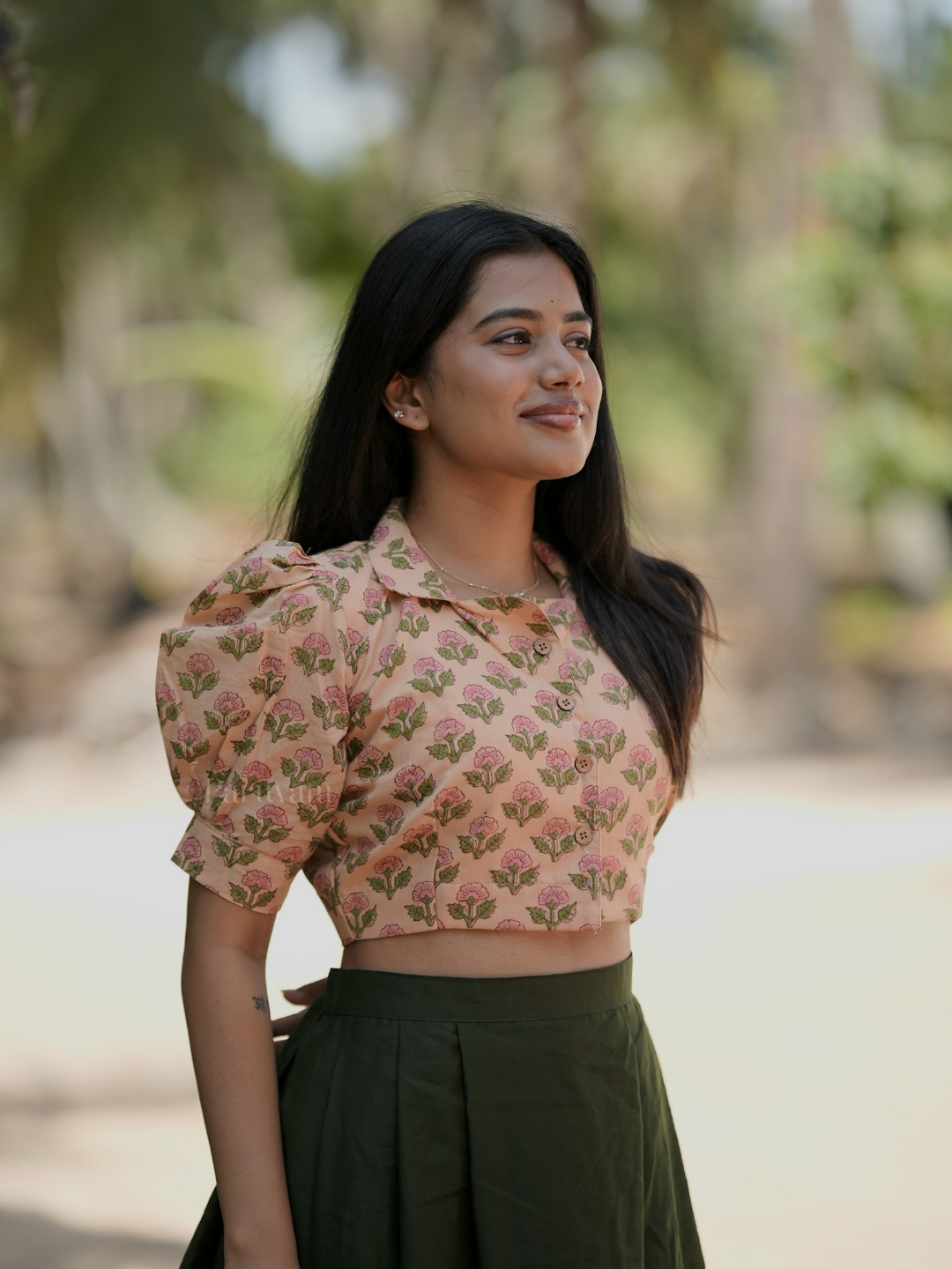 Orange hand block printed cotton crop top