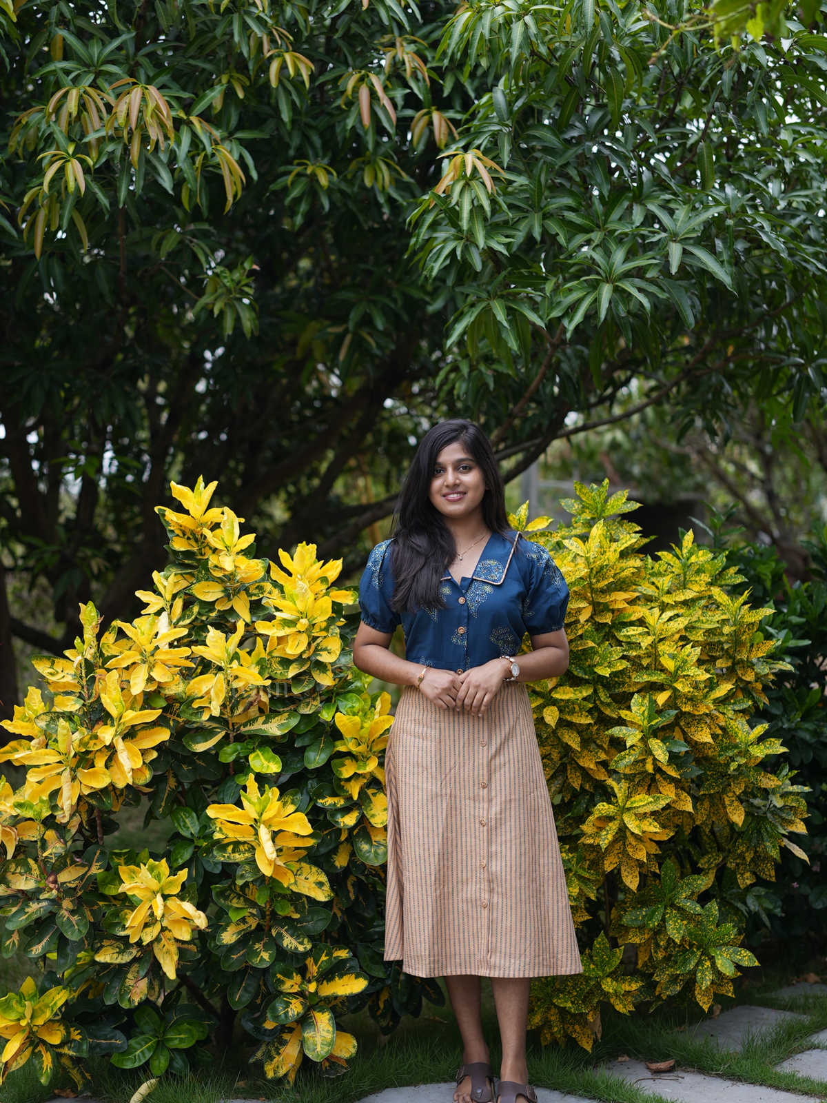 Beige & Blue Handwoven Cotton Skirt Top Set