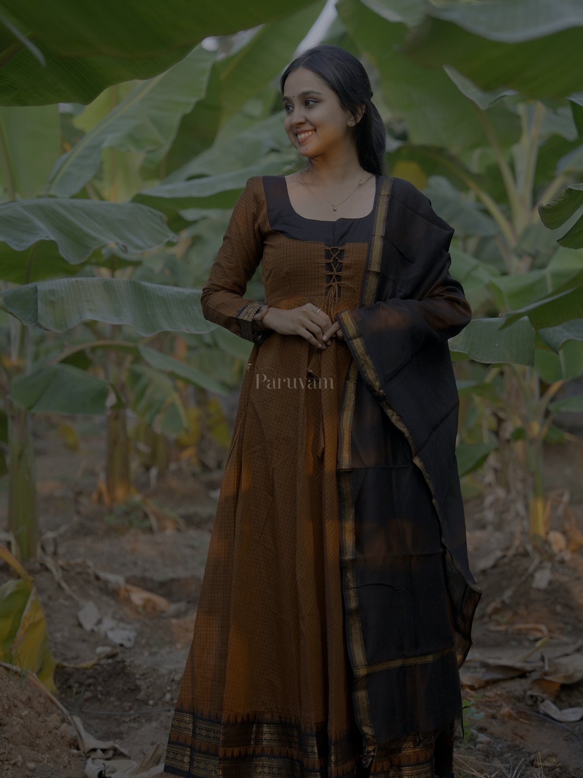 Handloom Silk Cotton Anarkali with Zari Border & Shawl