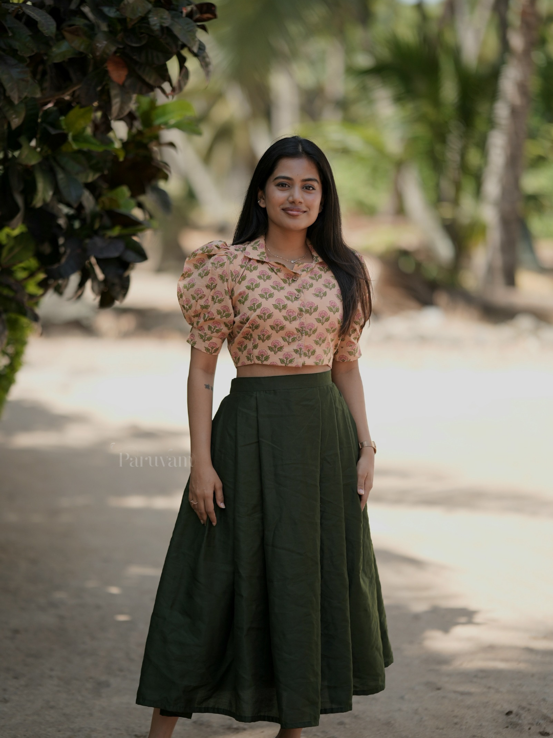 Olive green pleated skirt with orange hand block printed crop top