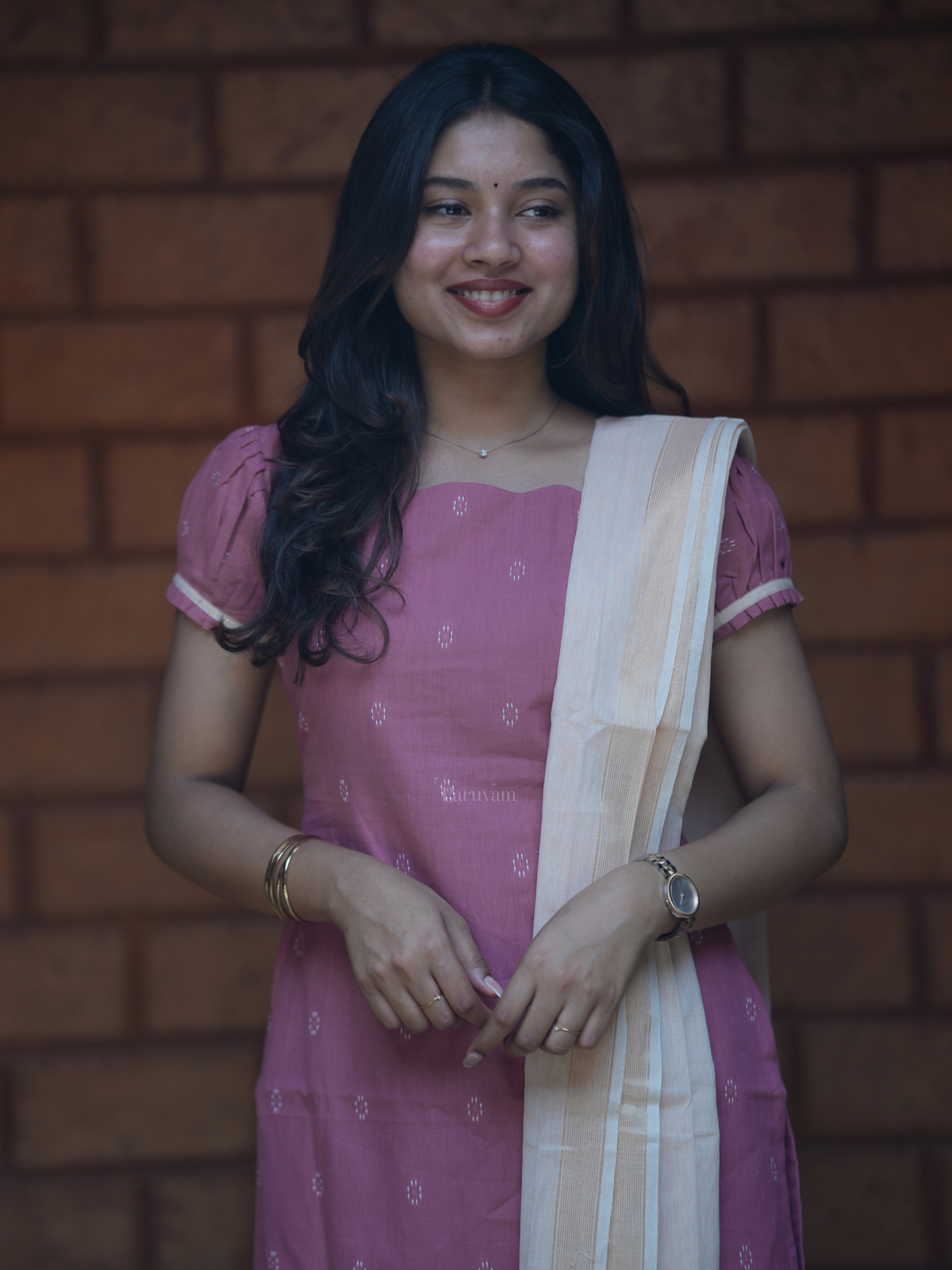 Onion pink & cream handloom cotton salwar set