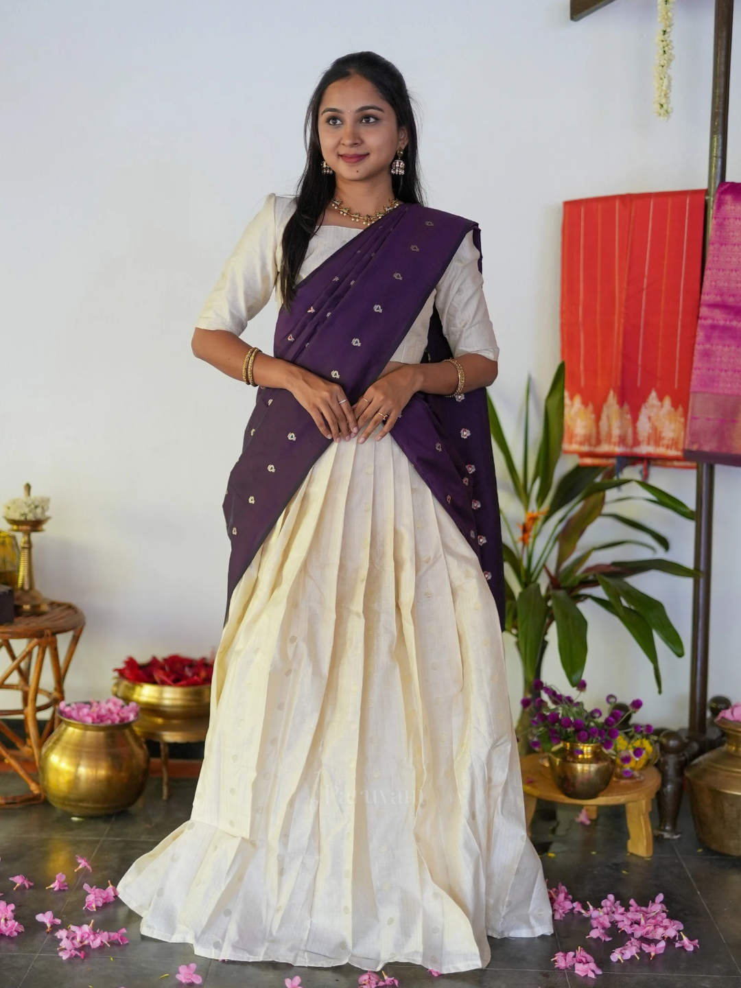 Thumbai - Plum & Ivory Silk Half Saree